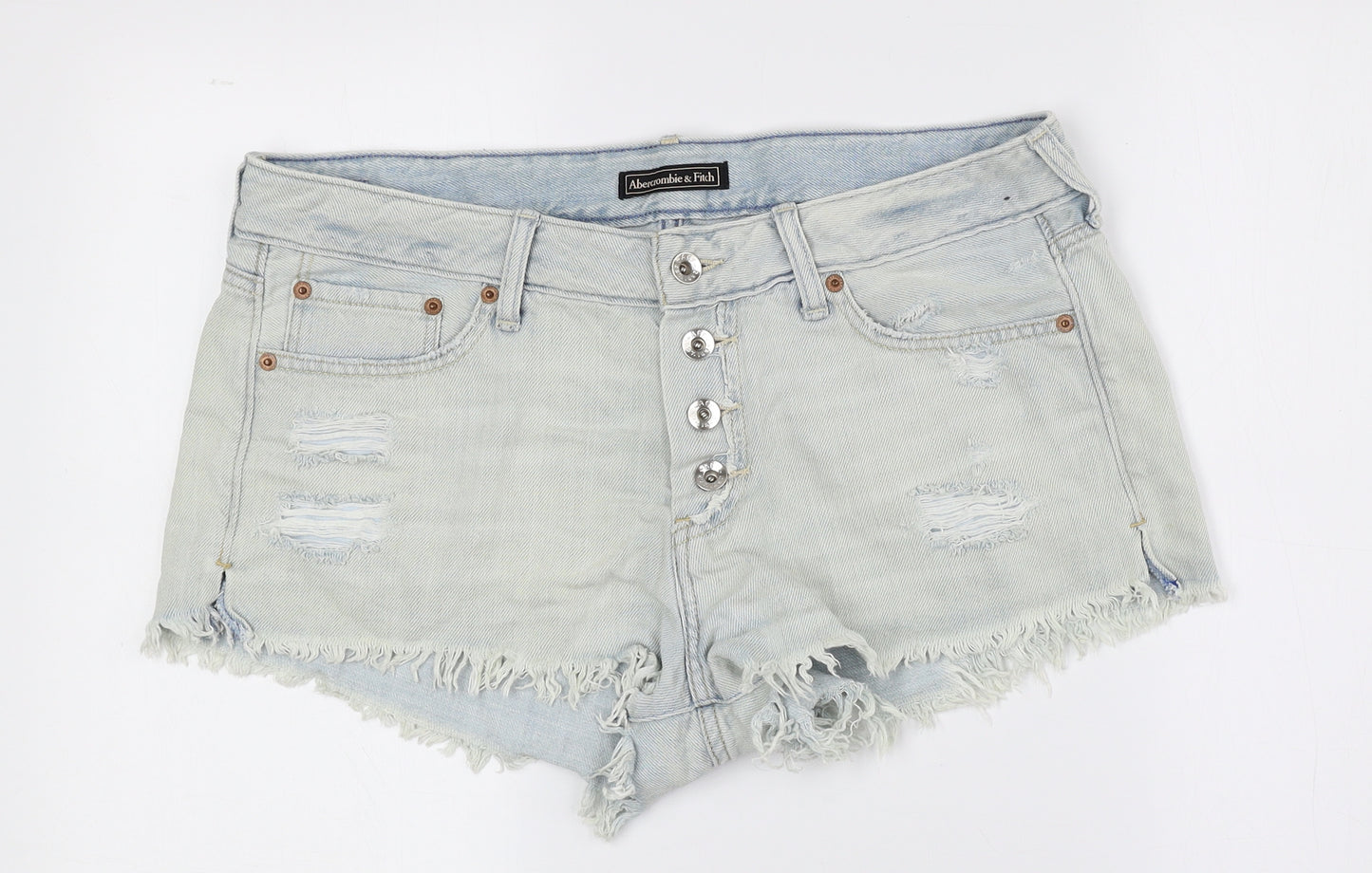 Abercrombie & Fitch Womens Blue 100% Cotton Hot Pants Shorts Size 30 Regular Button - Distressed Jean