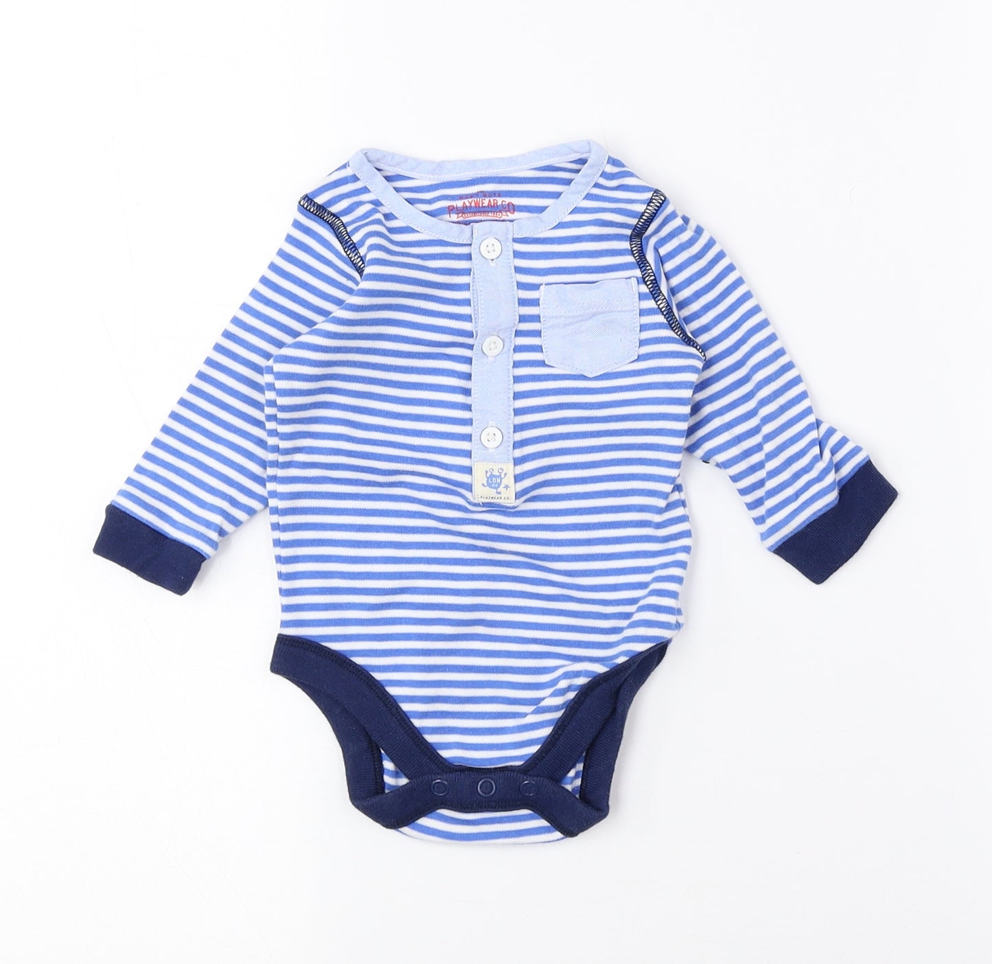 Marks and Spencer Boys Blue Striped 100% Cotton Babygrow One-Piece Size 3-6 Months Snap