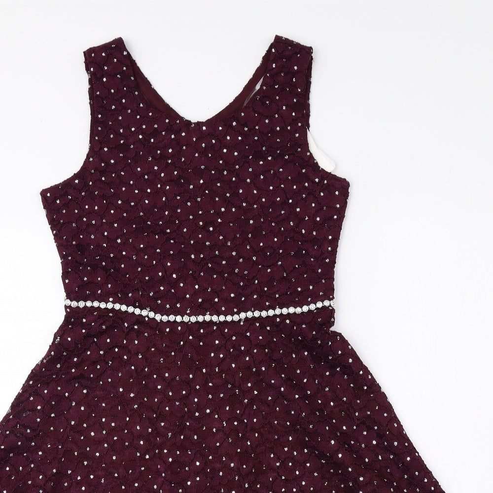 Speechless Girls Red Polka Dot Polyester Fit & Flare Size 12 Years Scoop Neck Zip