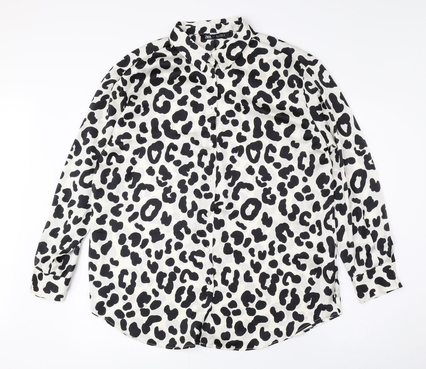 Zara Womens Black Animal Print Polyester Basic Button-Up Size L Collared