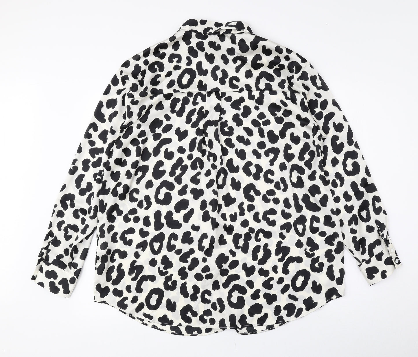 Zara Womens Black Animal Print Polyester Basic Button-Up Size L Collared