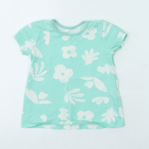 George Girls Green 100% Cotton Jersey T-Shirt Size 18-24 Months Round Neck - Flowers