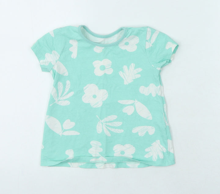 George Girls Green 100% Cotton Jersey T-Shirt Size 18-24 Months Round Neck - Flowers