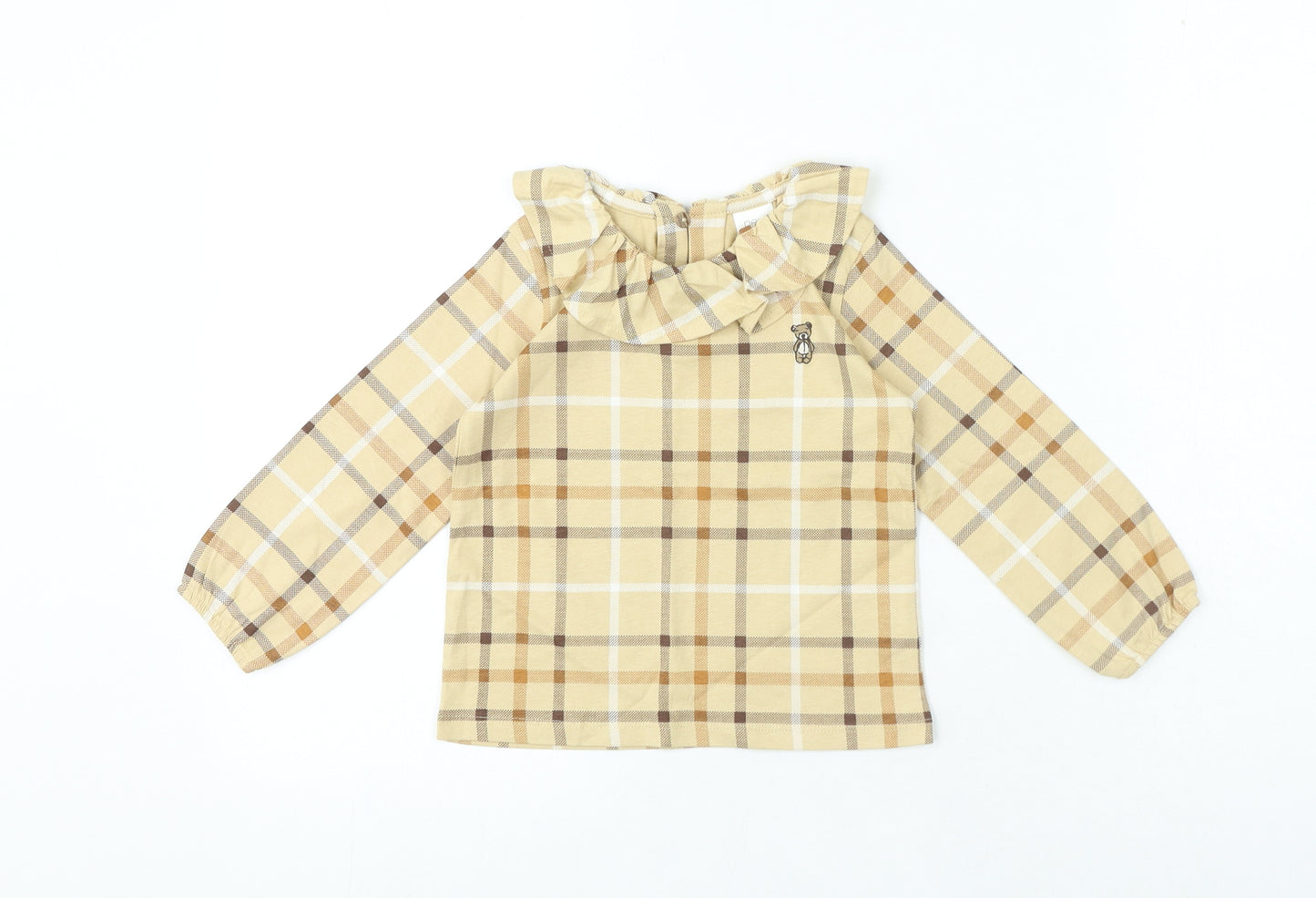 NEXT Girls Beige Plaid 100% Cotton Jersey T-Shirt Size 2-3 Years Round Neck - Frills Bear