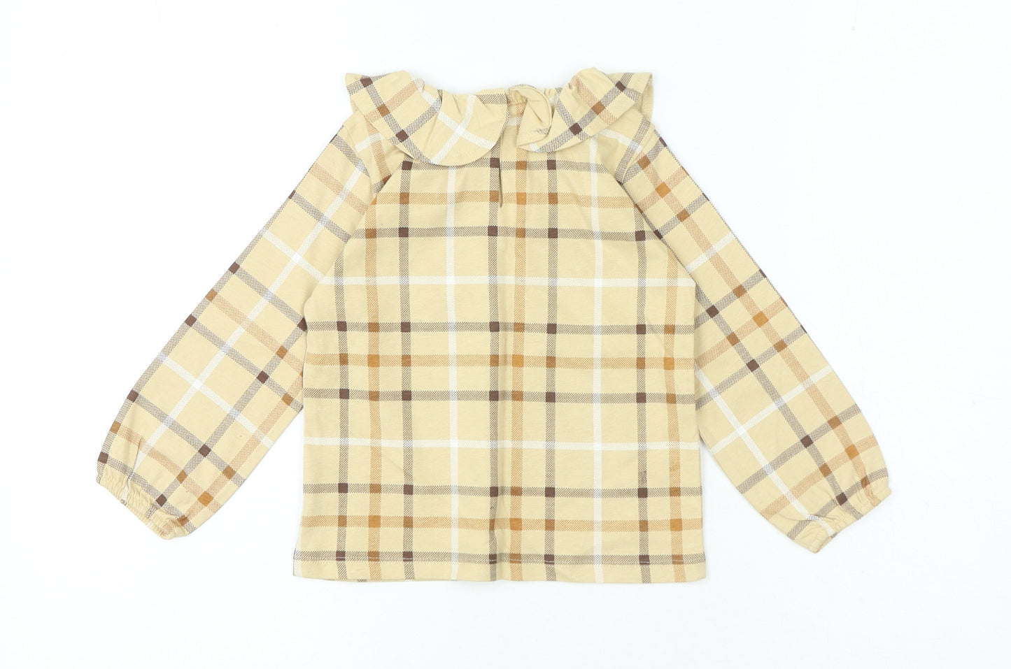 NEXT Girls Beige Plaid 100% Cotton Jersey T-Shirt Size 2-3 Years Round Neck - Frills Bear