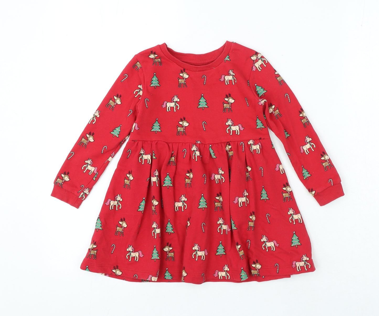 Dunnes Stores Girls Red Patchwork Cotton A-Line Size 2-3 Years Round Neck Pullover - Christmas Dress
