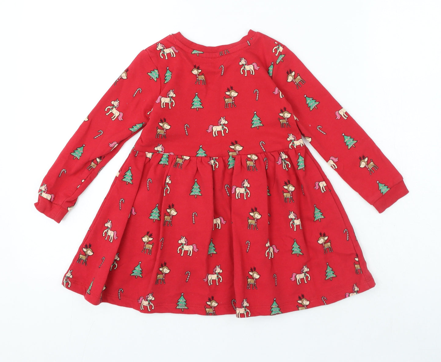 Dunnes Stores Girls Red Patchwork Cotton A-Line Size 2-3 Years Round Neck Pullover - Christmas Dress