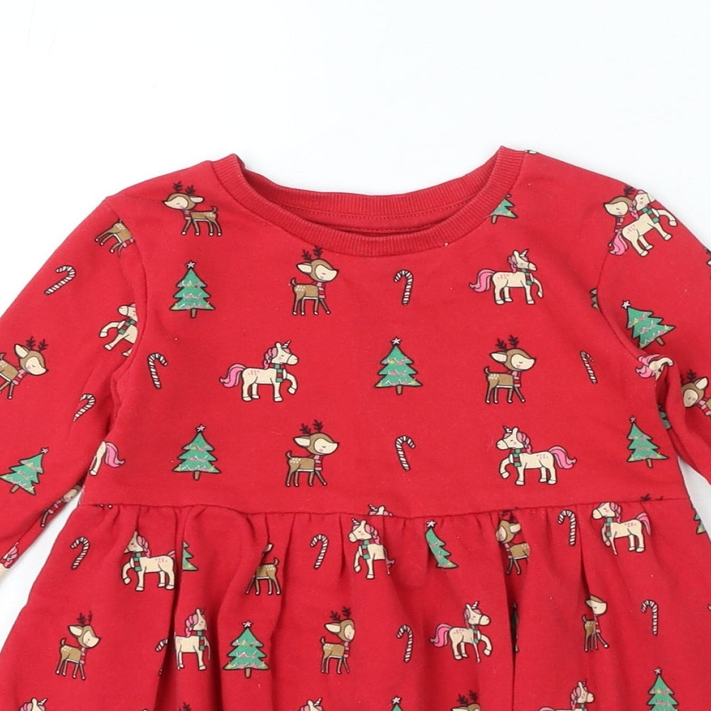 Dunnes Stores Girls Red Patchwork Cotton A-Line Size 2-3 Years Round Neck Pullover - Christmas Dress