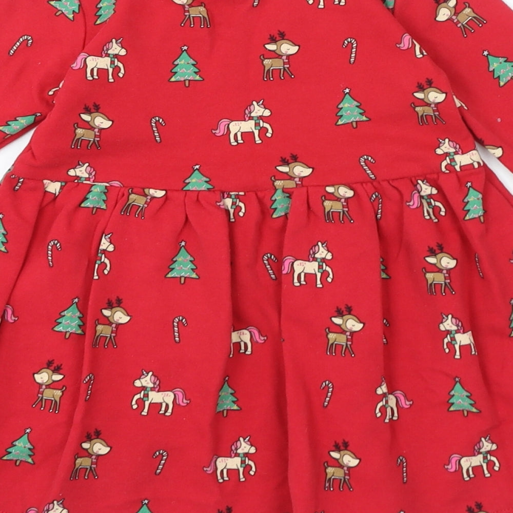Dunnes Stores Girls Red Patchwork Cotton A-Line Size 2-3 Years Round Neck Pullover - Christmas Dress