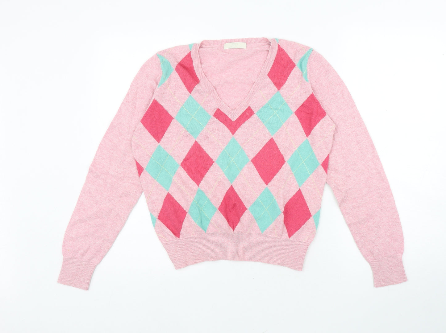 Marks and Spencer Womens Pink Geometric Viscose Jersey T-Shirt Size 14 V-Neck - Diamond Pattern