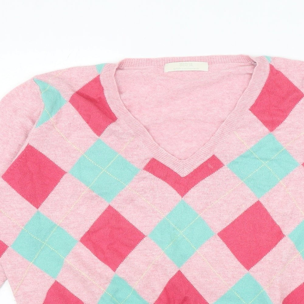 Marks and Spencer Womens Pink Geometric Viscose Jersey T-Shirt Size 14 V-Neck - Diamond Pattern