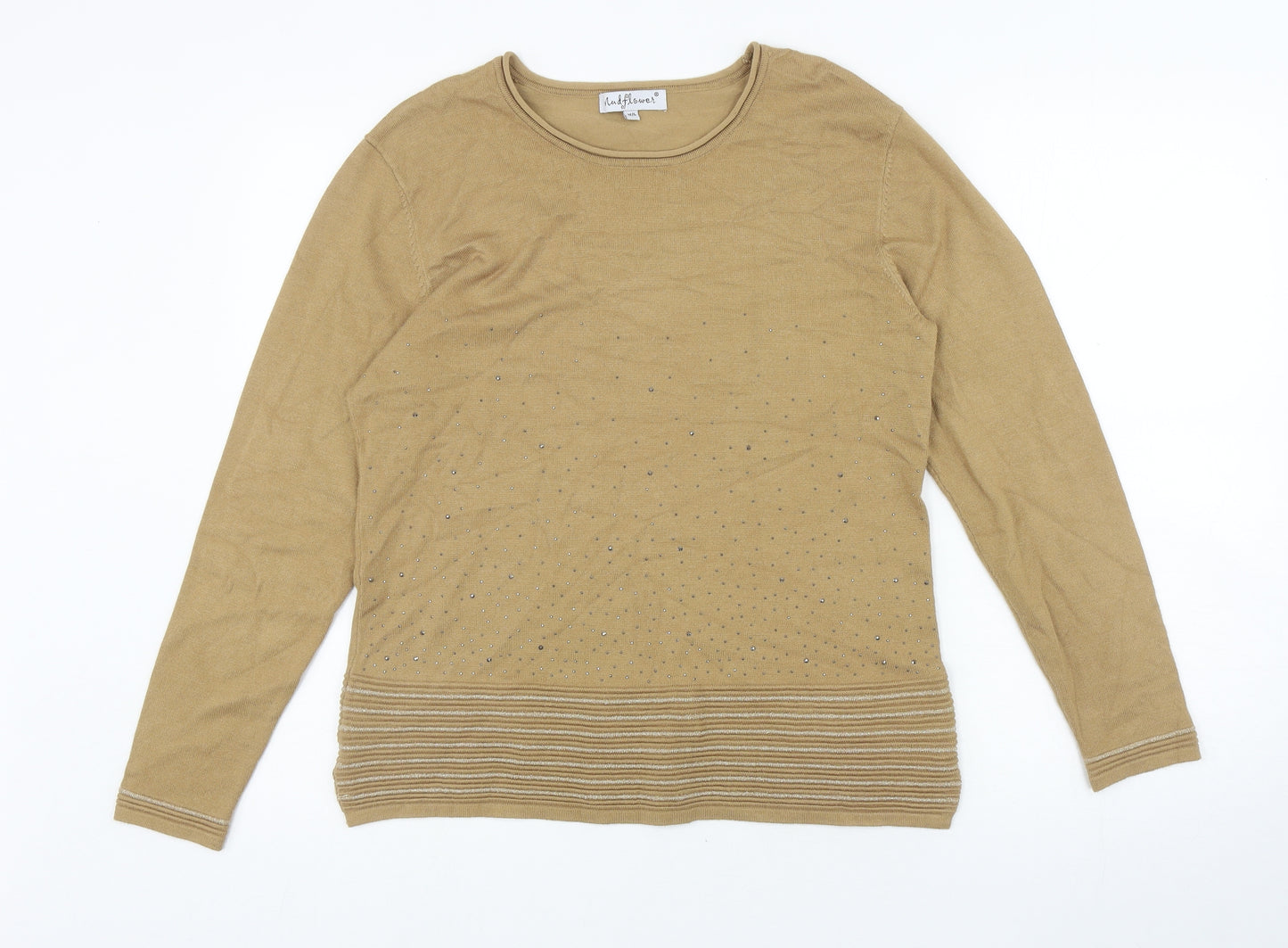 Mudflower Womens Brown Striped Viscose Jersey T-Shirt Size M Round Neck - Diamond Pattern