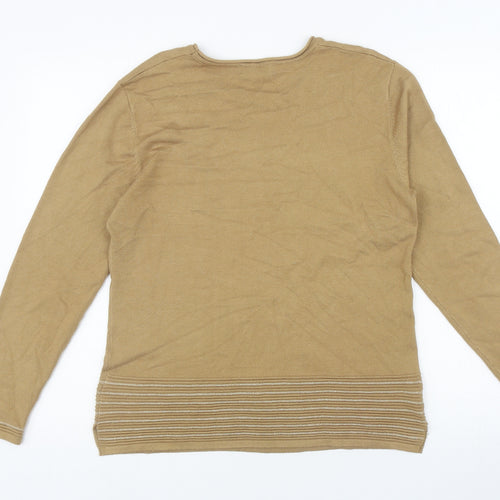 Mudflower Womens Brown Striped Viscose Jersey T-Shirt Size M Round Neck - Diamond Pattern