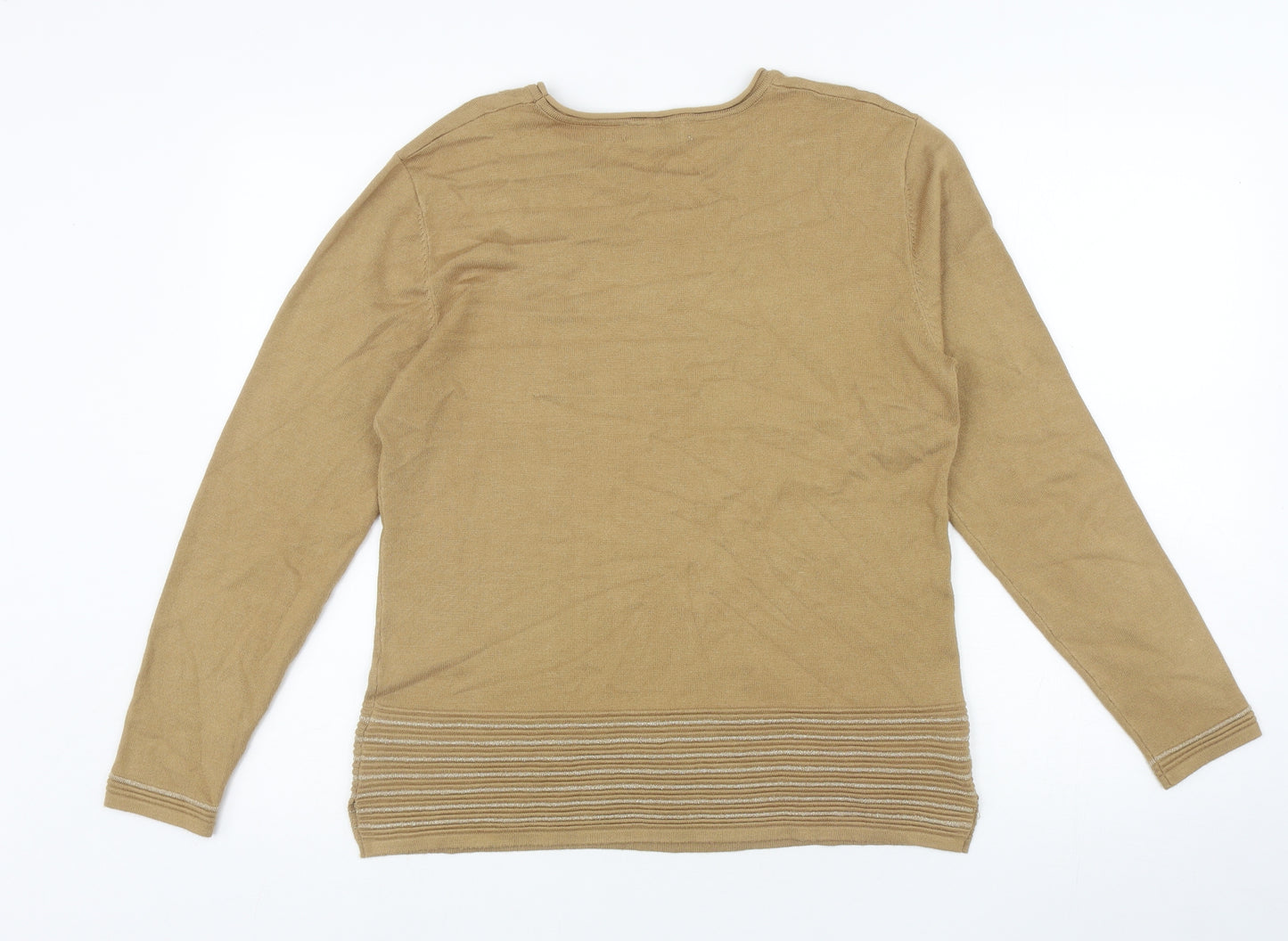 Mudflower Womens Brown Striped Viscose Jersey T-Shirt Size M Round Neck - Diamond Pattern