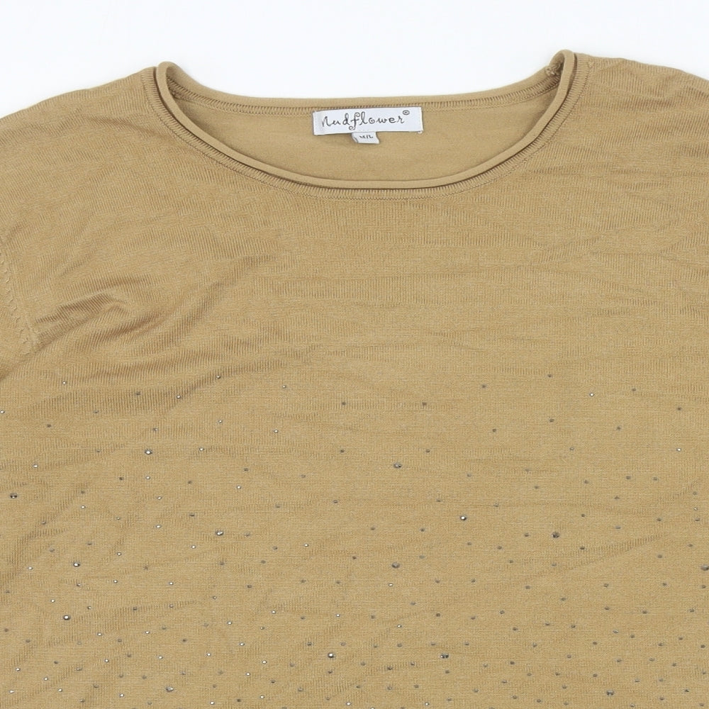 Mudflower Womens Brown Striped Viscose Jersey T-Shirt Size M Round Neck - Diamond Pattern