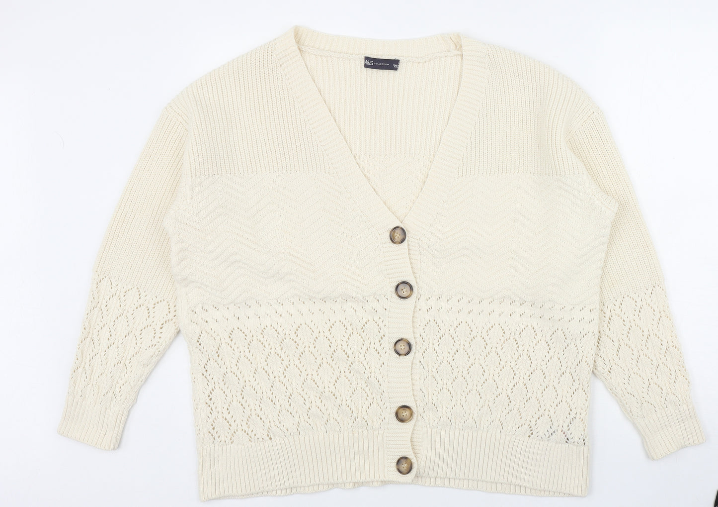 Marks and Spencer Womens Beige V-Neck Cotton Cardigan Jumper Size L