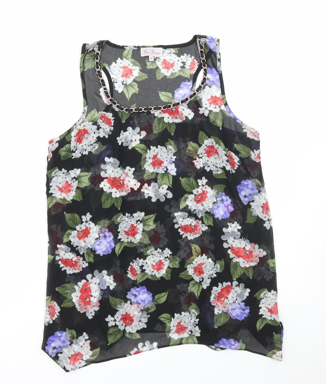 Be Beau Womens Black Floral Polyester Basic Tank Size 14 Round Neck