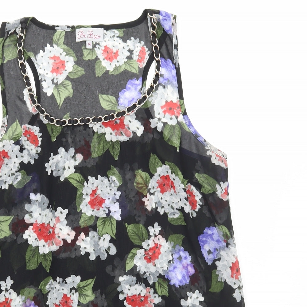 Be Beau Womens Black Floral Polyester Basic Tank Size 14 Round Neck