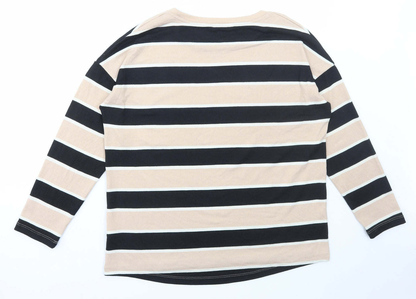 TU Womens Brown Striped Polyester Basic T-Shirt Size 14 Round Neck