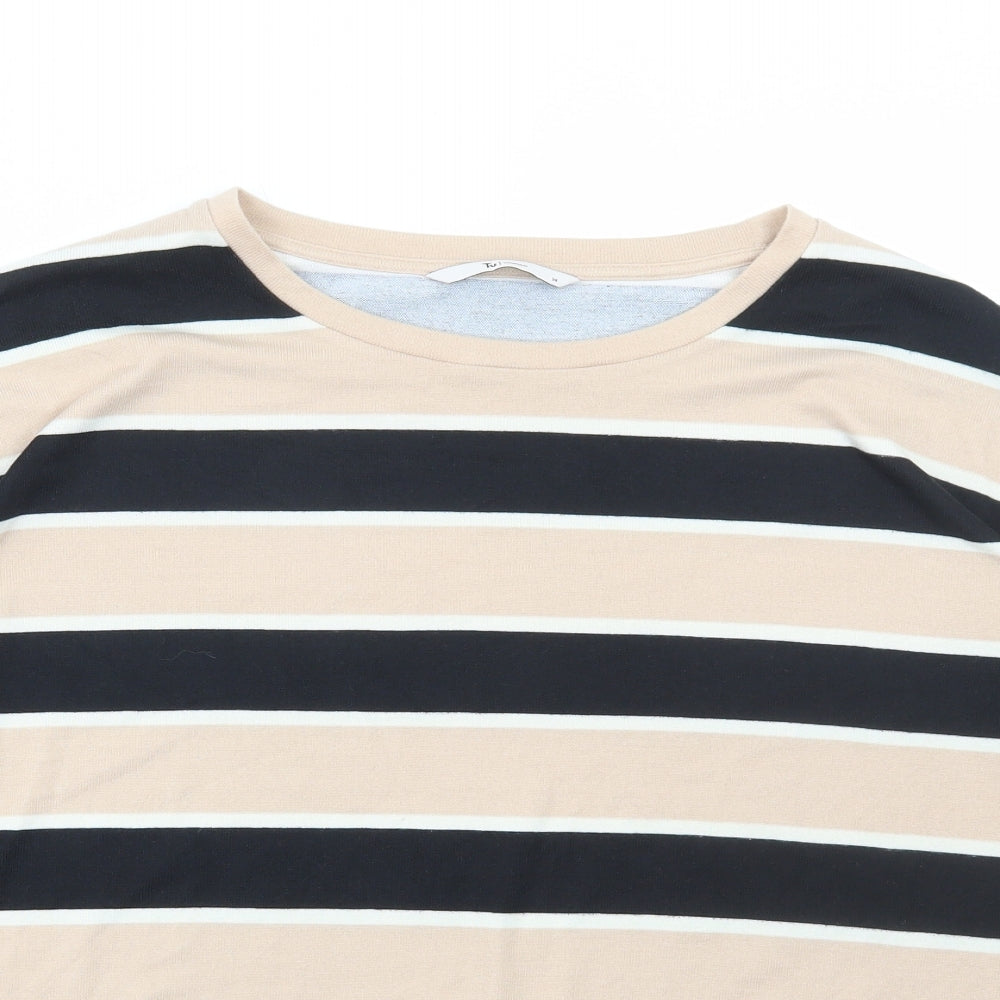 TU Womens Brown Striped Polyester Basic T-Shirt Size 14 Round Neck