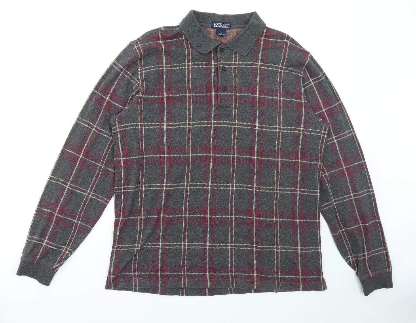 Lands' End Mens Multicoloured Plaid Polyester Polo Size L Collared Button
