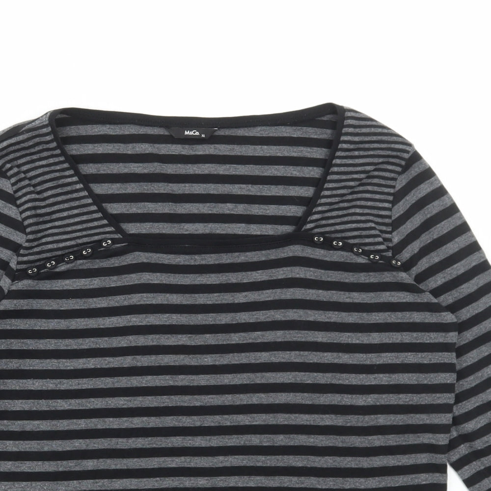M&Co Womens Grey Striped Cotton Basic T-Shirt Size XL Square Neck
