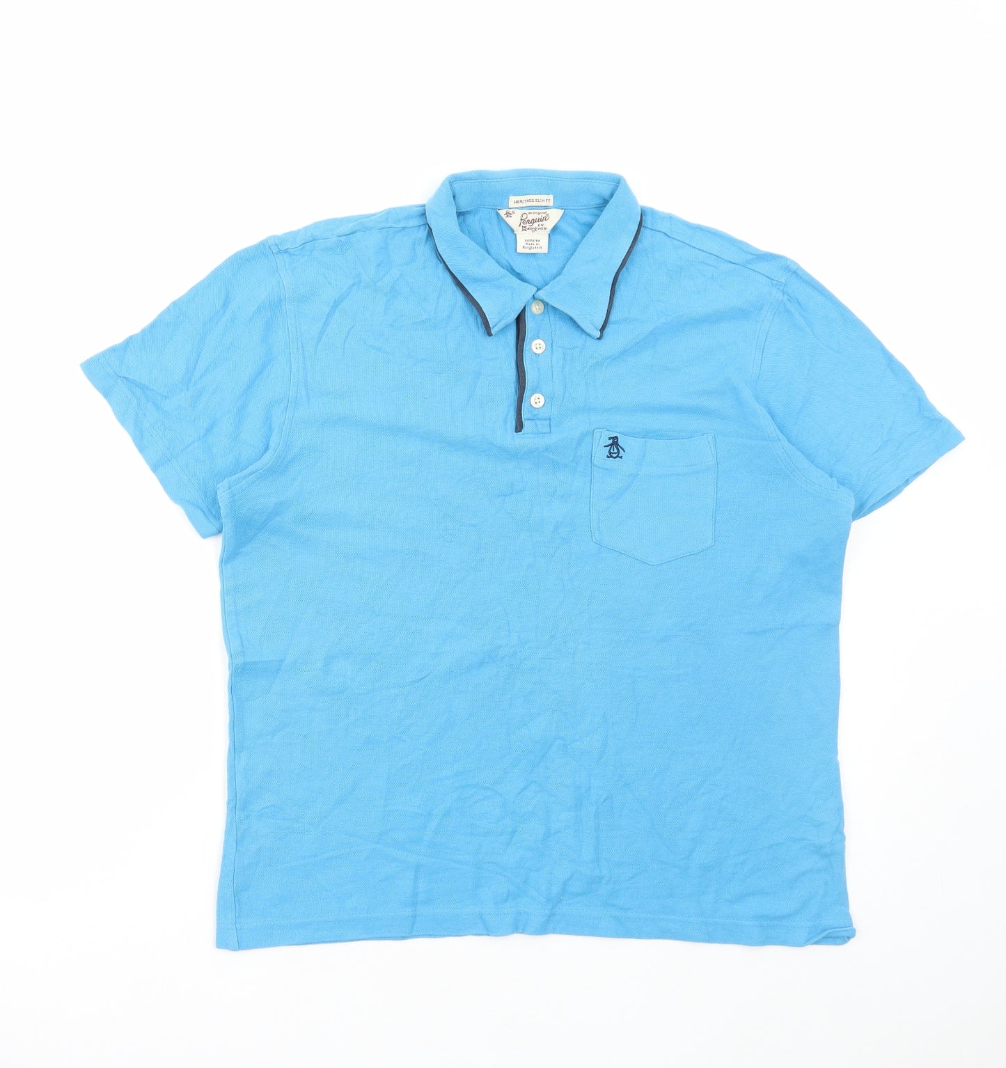 Penguin Mens Blue Cotton Polo Size M Collared Button