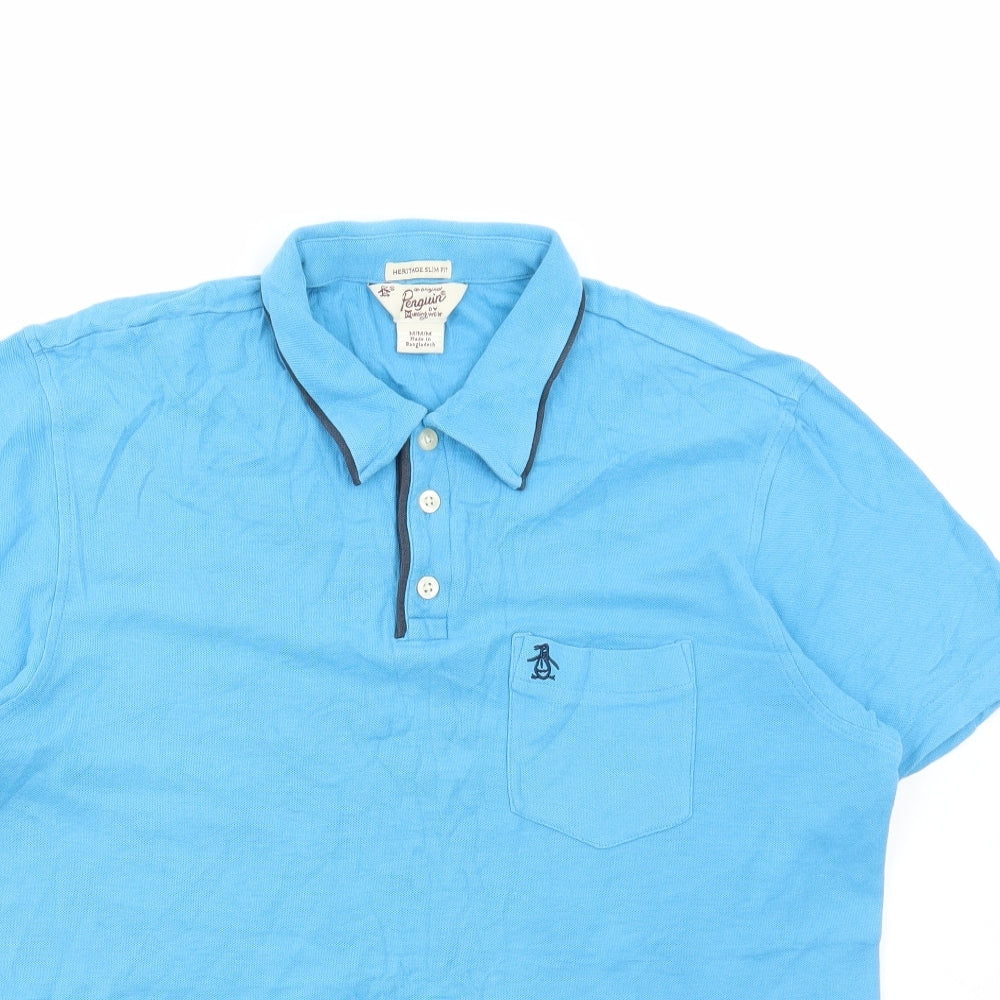 Penguin Mens Blue Cotton Polo Size M Collared Button