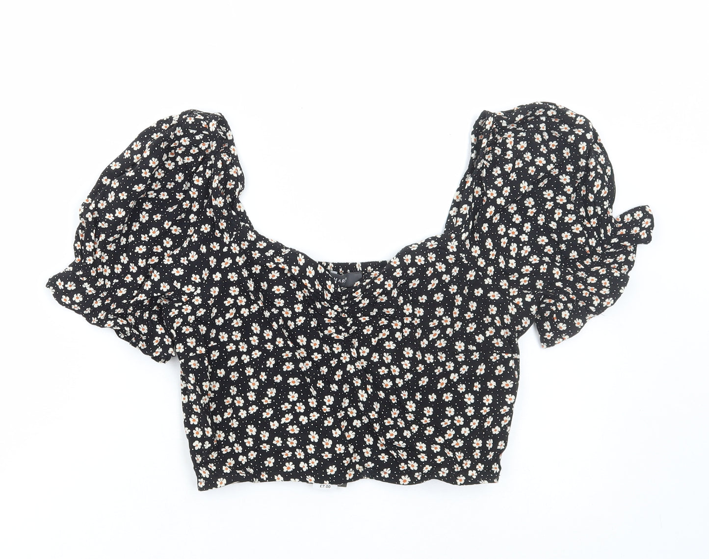 Primark Womens Black Floral Viscose Cropped Blouse Size 10 Round Neck