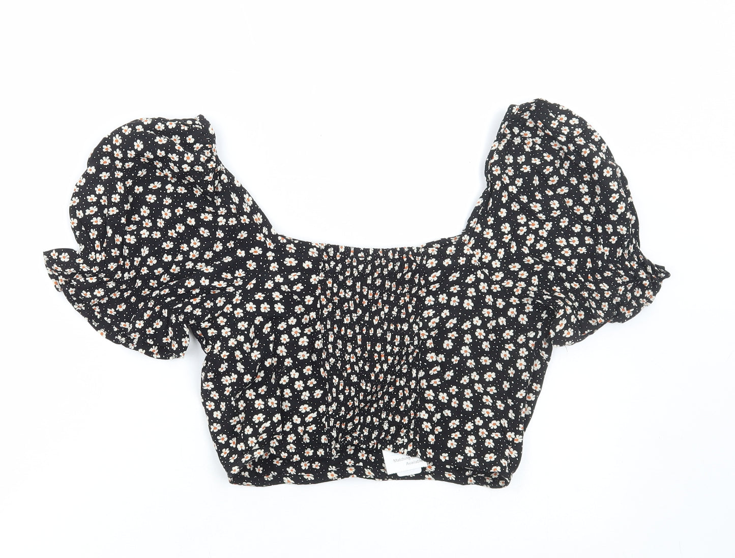 Primark Womens Black Floral Viscose Cropped Blouse Size 10 Round Neck