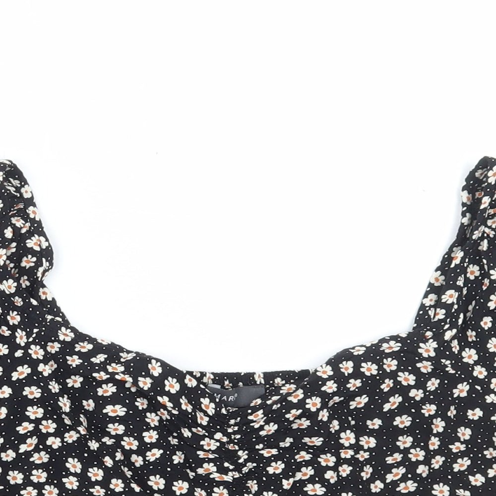 Primark Womens Black Floral Viscose Cropped Blouse Size 10 Round Neck