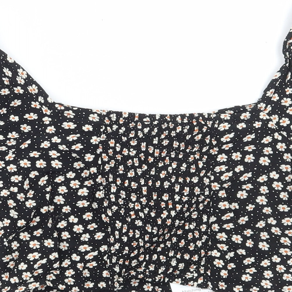 Primark Womens Black Floral Viscose Cropped Blouse Size 10 Round Neck