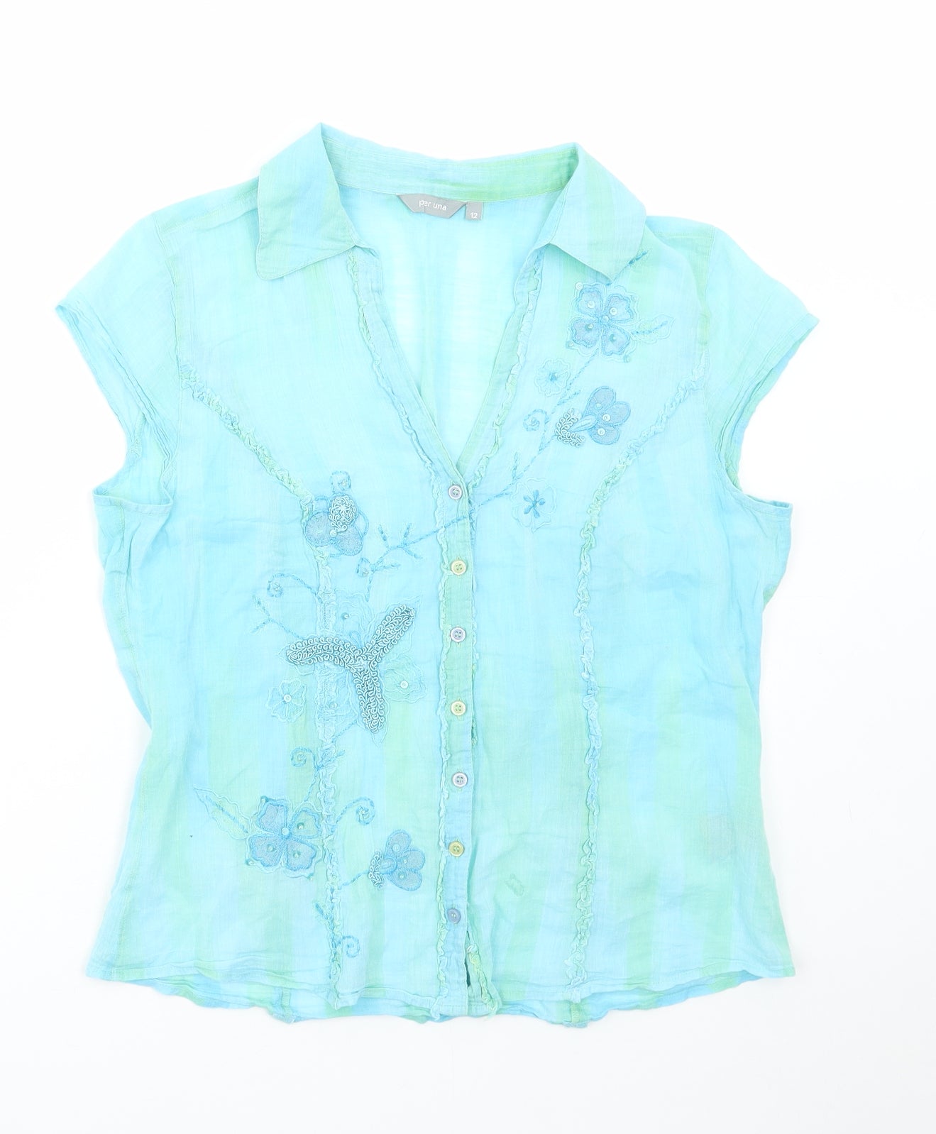Per Una Womens Blue Striped Cotton Basic Blouse Size 12 V-Neck