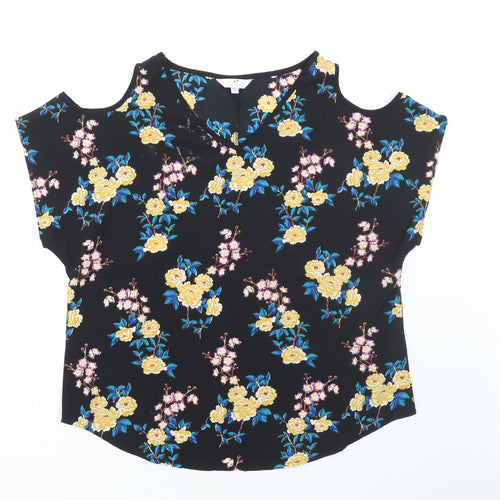Julipa Womens Black Floral Polyester Basic Blouse Size 16 V-Neck