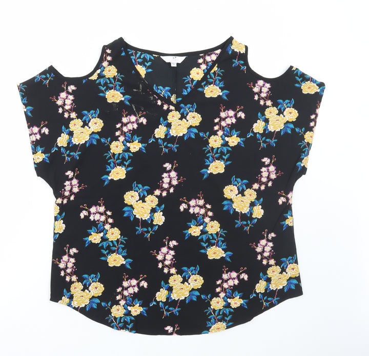 Julipa Womens Black Floral Polyester Basic Blouse Size 16 V-Neck