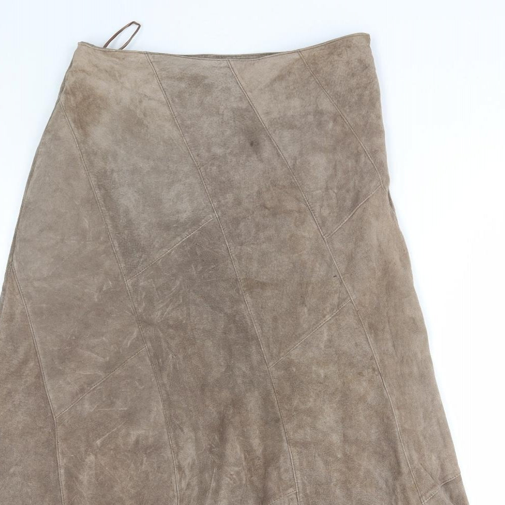 Wallis Womens Brown Leather Flare Skirt Size 10 Zip - Suede