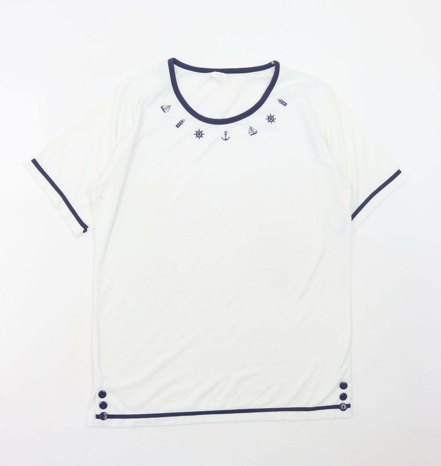 Anne De Lancay Womens White Polyester Basic T-Shirt Size M Round Neck - Marine