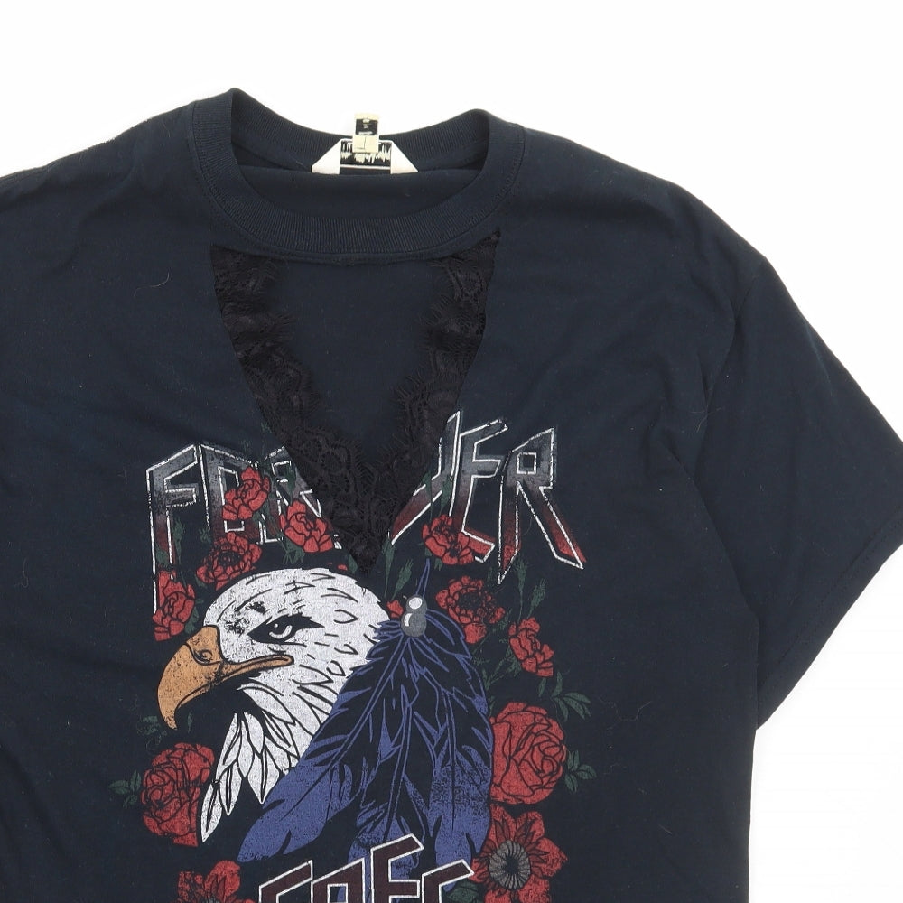 Miss Selfridge Womens Black Polyester Basic T-Shirt Size M V-Neck - Free, Lace detail