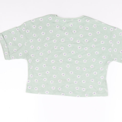 George Girls Green Floral Cotton Cropped T-Shirt Size 6-7 Years Round Neck Pullover