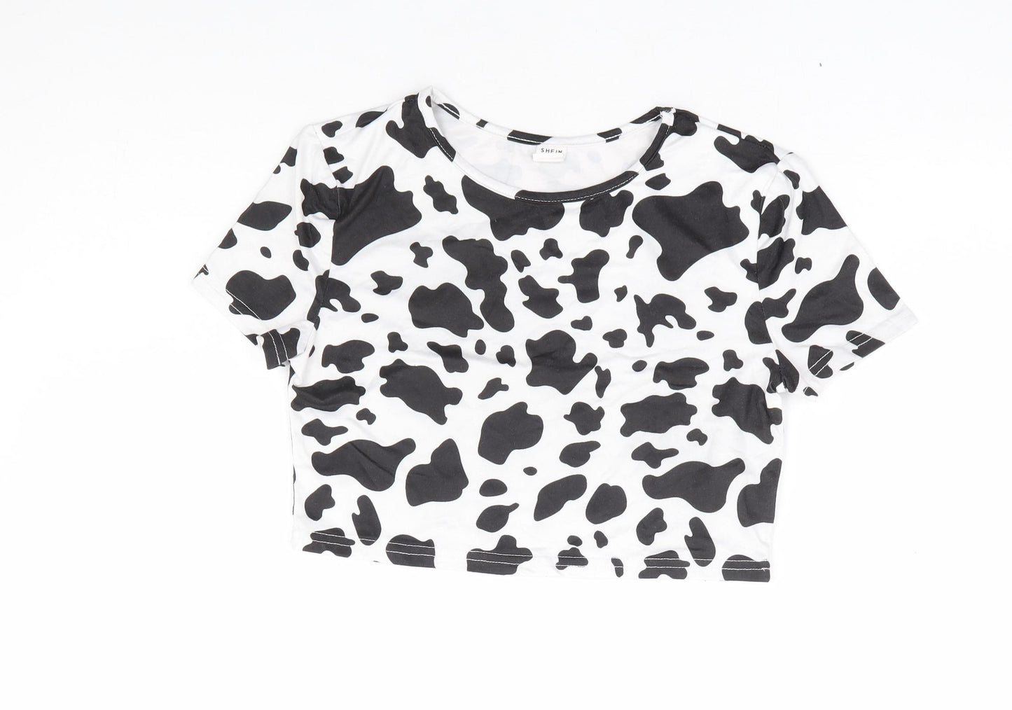 SheIn Girls Black Animal Print Polyester Cropped T-Shirt Size 12 Years Round Neck Pullover - Cow Print