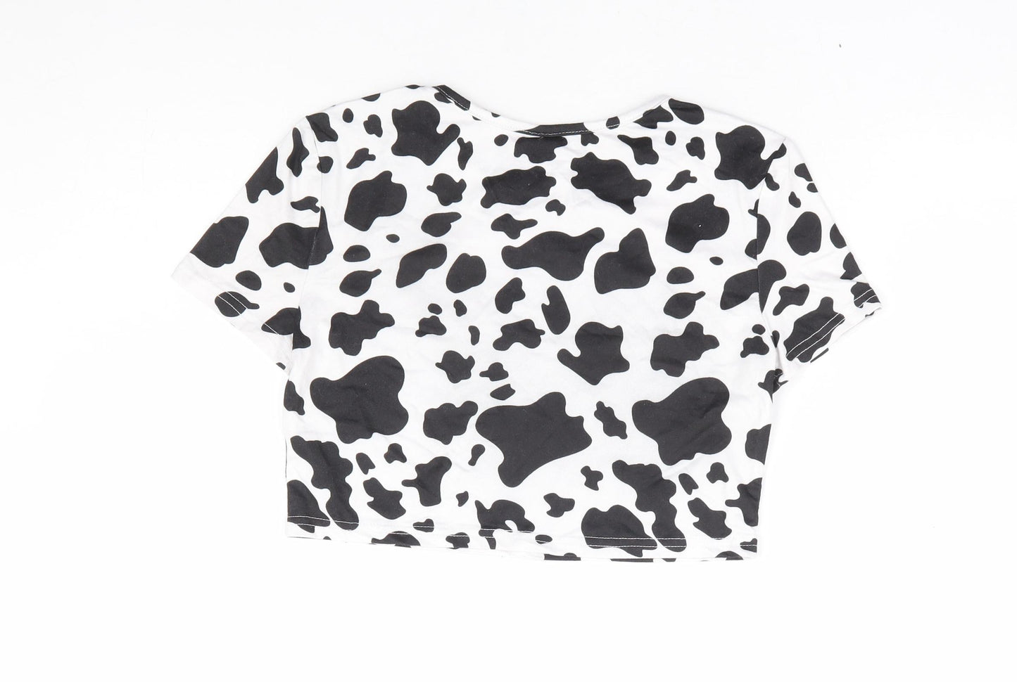 SheIn Girls Black Animal Print Polyester Cropped T-Shirt Size 12 Years Round Neck Pullover - Cow Print