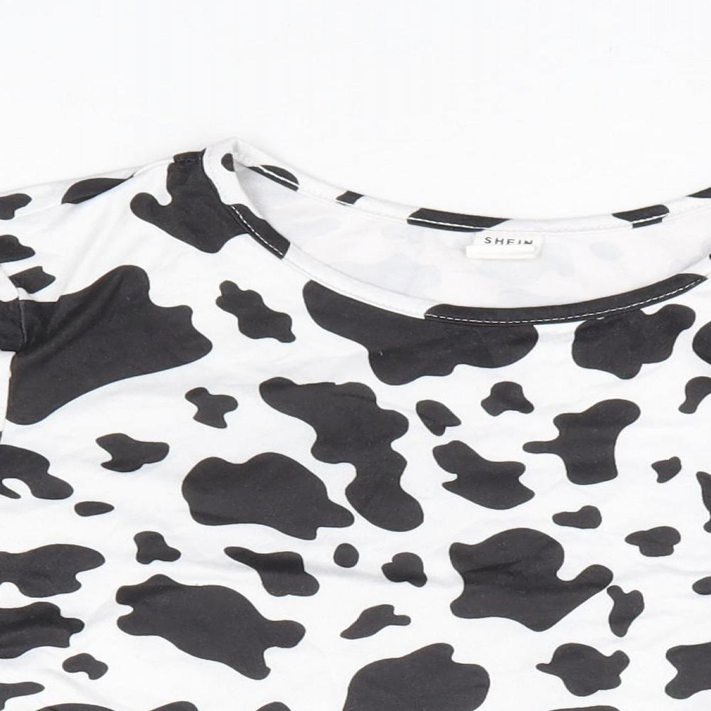 SheIn Girls Black Animal Print Polyester Cropped T-Shirt Size 12 Years Round Neck Pullover - Cow Print