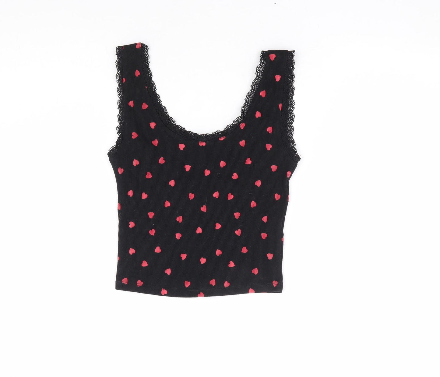 New Look Girls Black Geometric Cotton Cropped Tank Size 12-13 Years Scoop Neck Pullover - Heart Print, Lace Trim