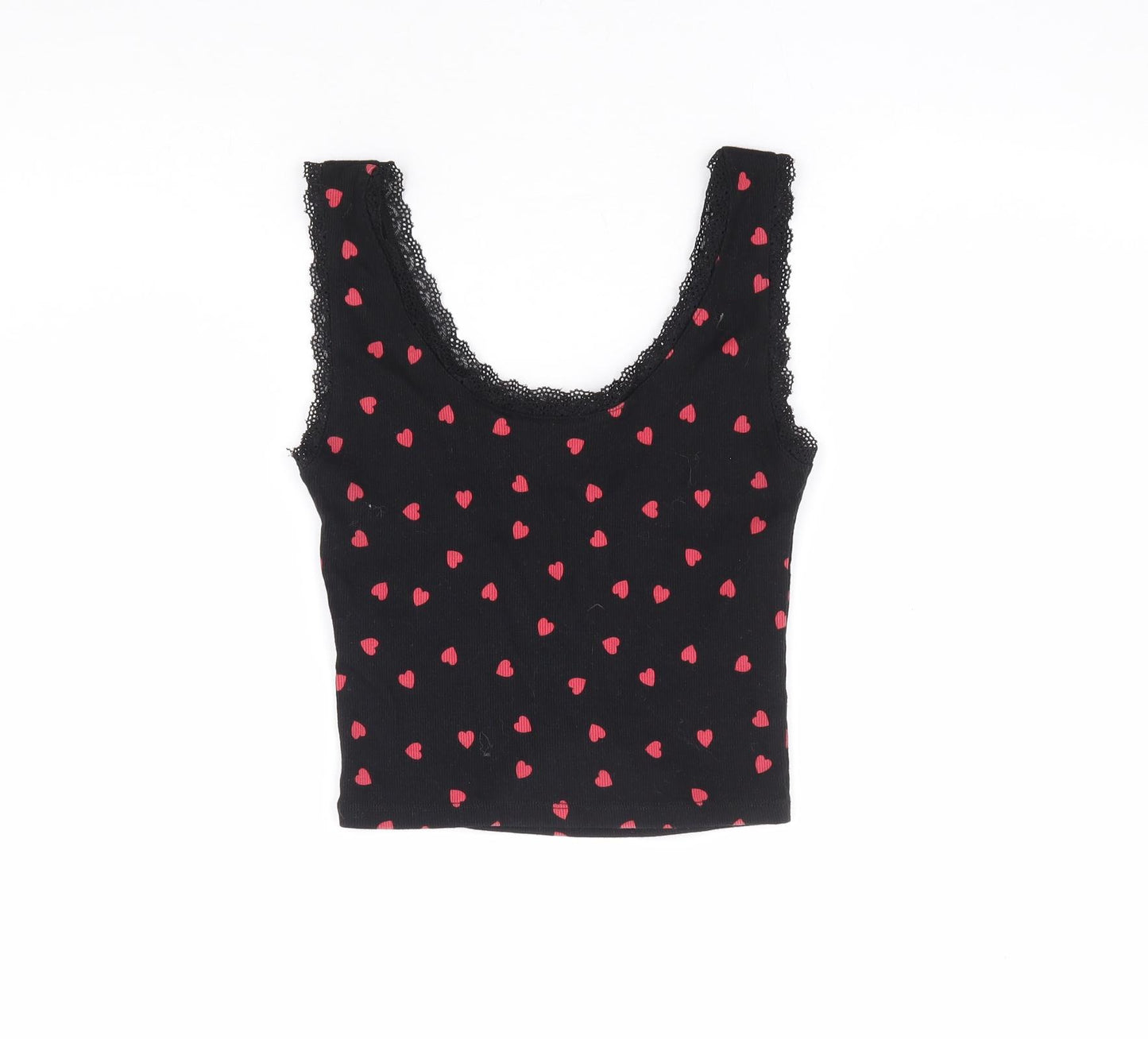 New Look Girls Black Geometric Cotton Cropped Tank Size 12-13 Years Scoop Neck Pullover - Heart Print, Lace Trim