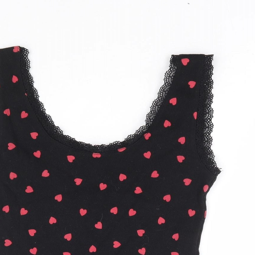 New Look Girls Black Geometric Cotton Cropped Tank Size 12-13 Years Scoop Neck Pullover - Heart Print, Lace Trim