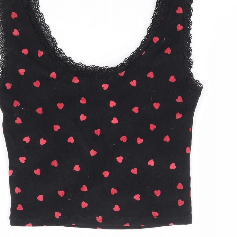 New Look Girls Black Geometric Cotton Cropped Tank Size 12-13 Years Scoop Neck Pullover - Heart Print, Lace Trim