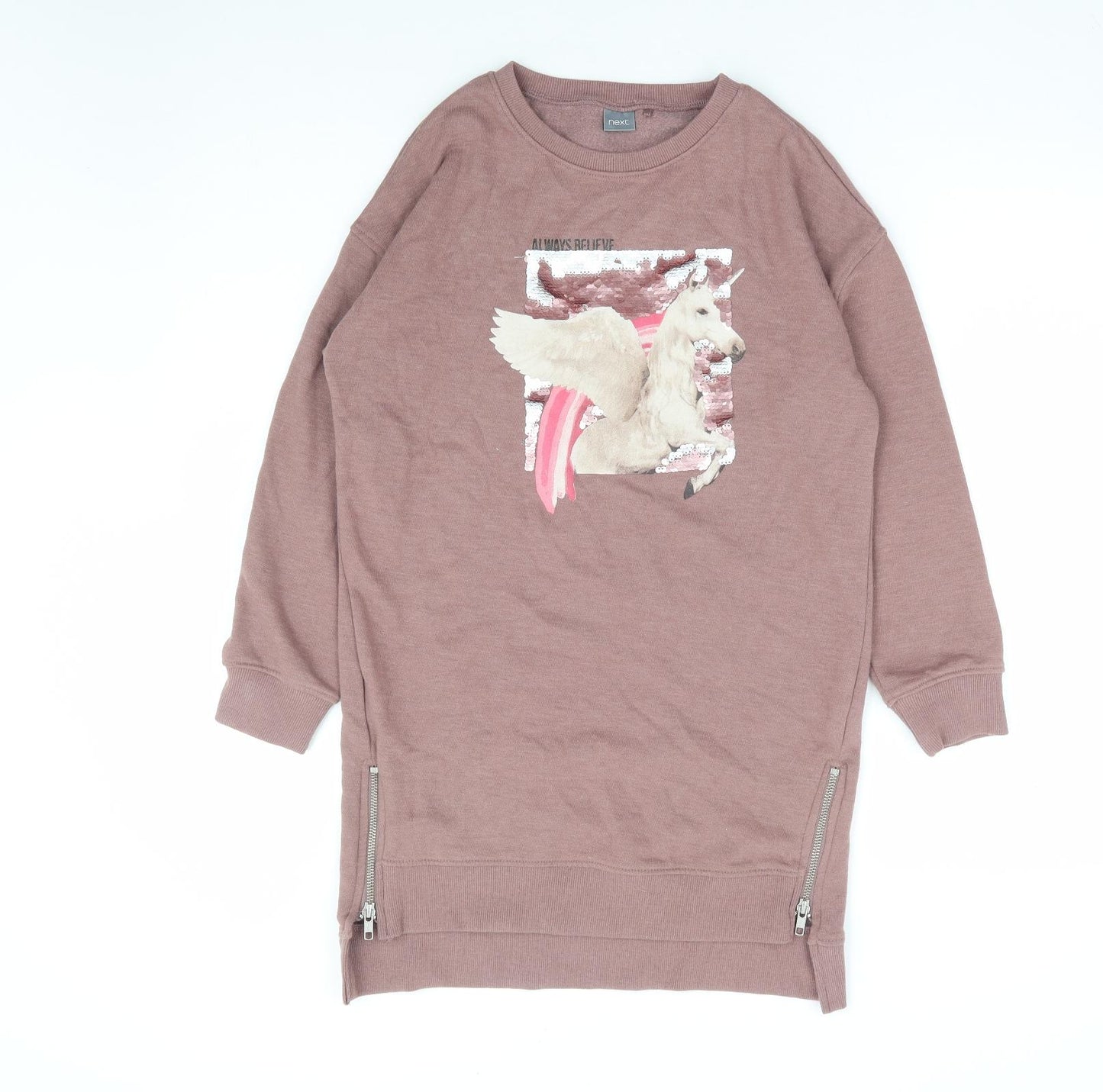 NEXT Girls Brown Cotton Jumper Dress Size 10 Years Round Neck Pullover - Unicorn Always Believe