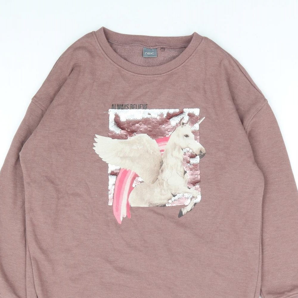 NEXT Girls Brown Cotton Jumper Dress Size 10 Years Round Neck Pullover - Unicorn Always Believe