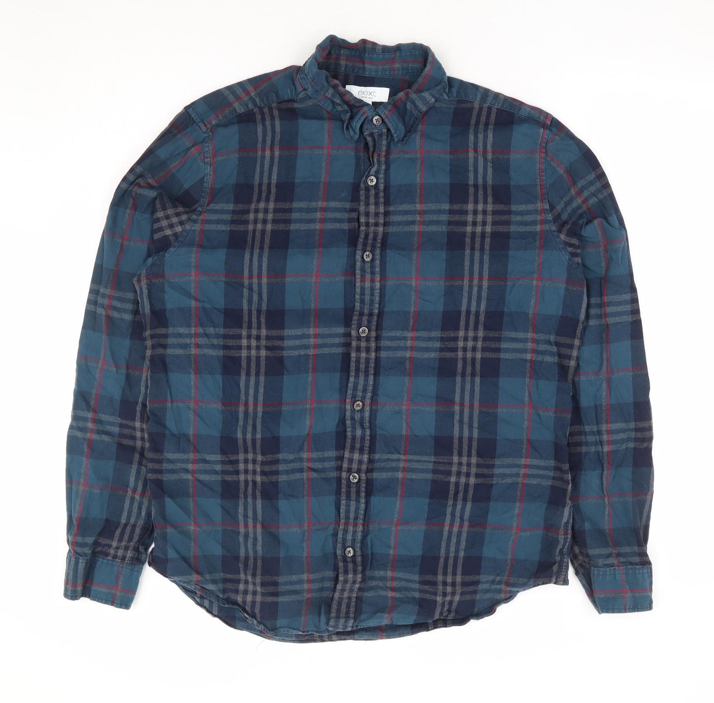 NEXT Mens Green Plaid Cotton Button-Up Size L Collared Button