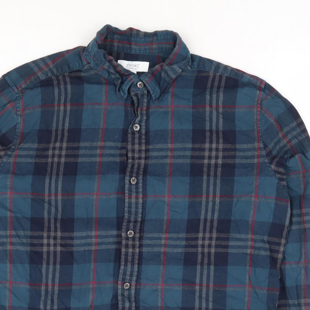 NEXT Mens Green Plaid Cotton Button-Up Size L Collared Button